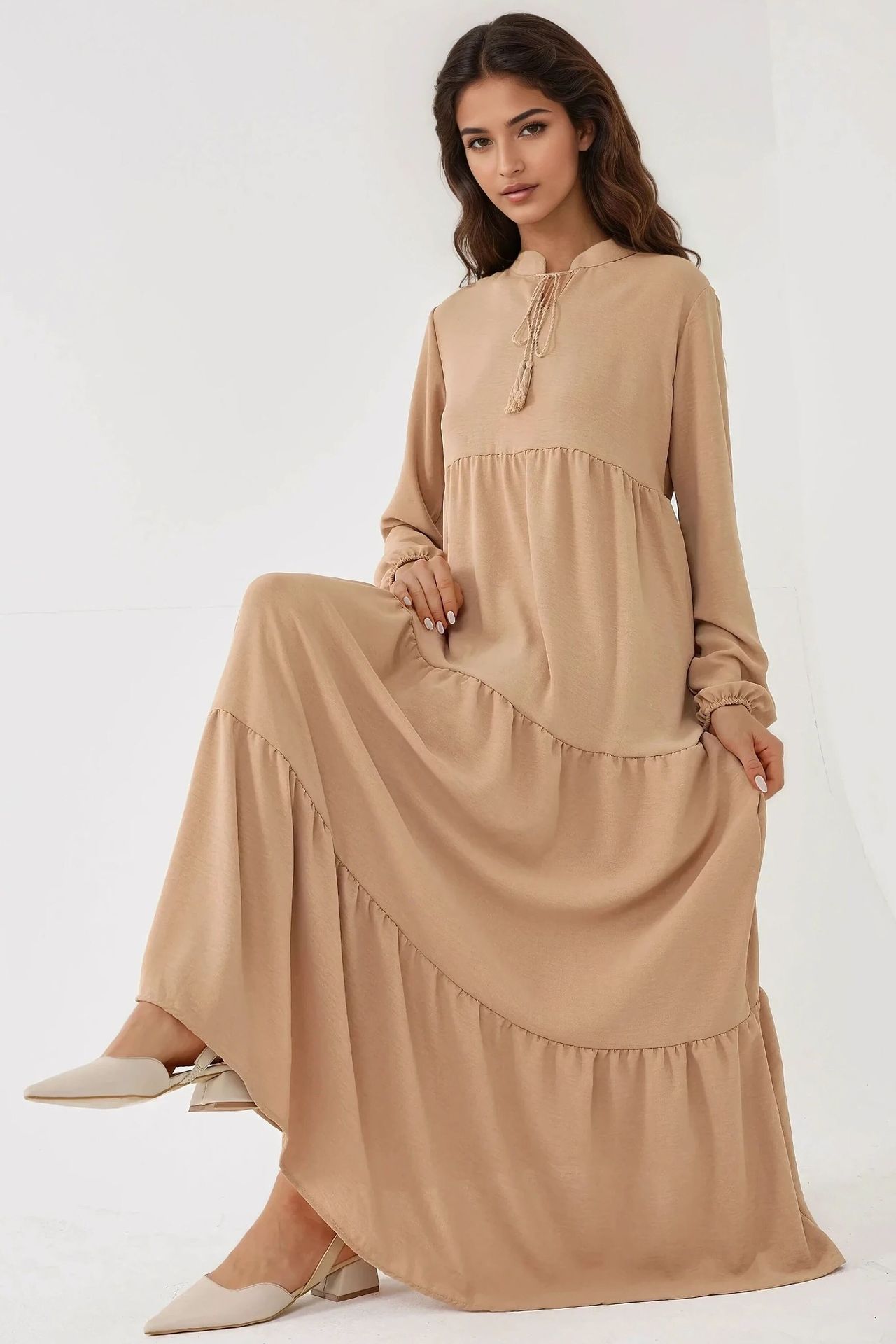 Textured Long Sleeve Crew Neck Maxi Dress