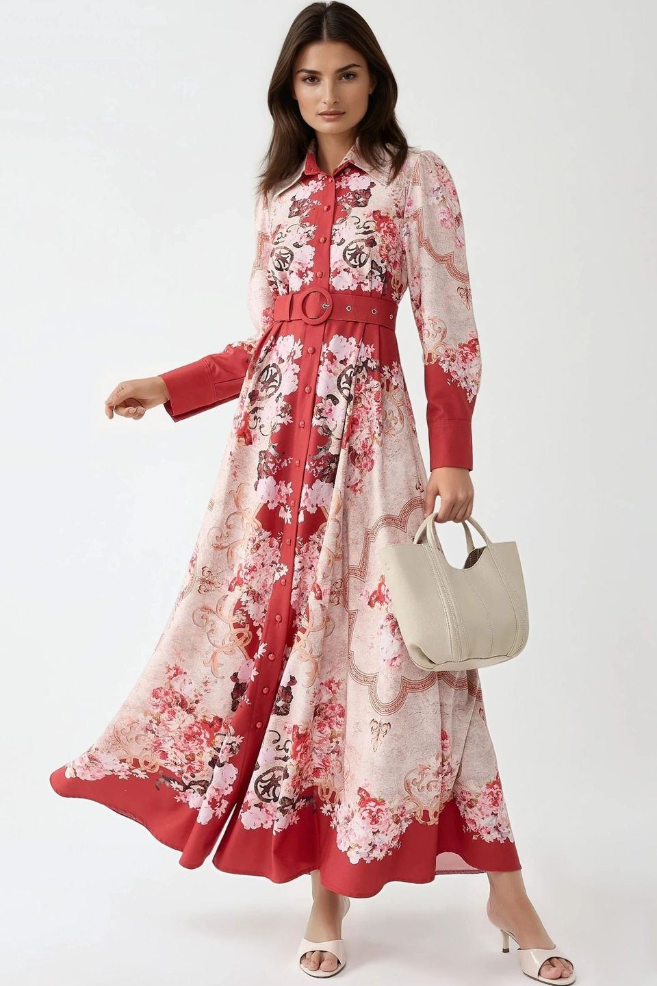 Printed Crew Neck Maxi Dress with A-Form Fit