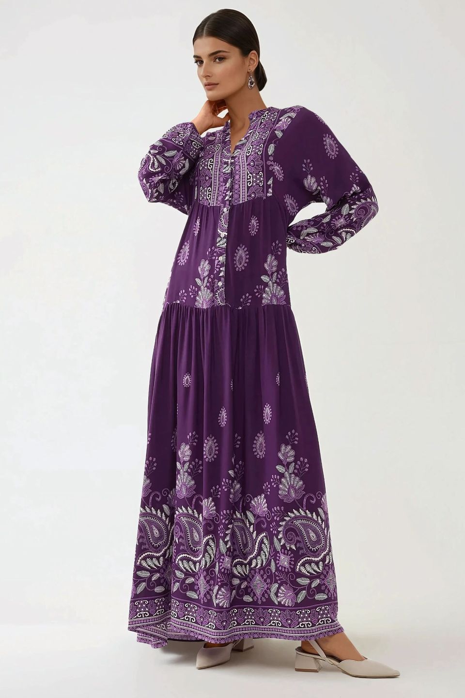 Printed Long Sleeve Viscose Maxi Dress 