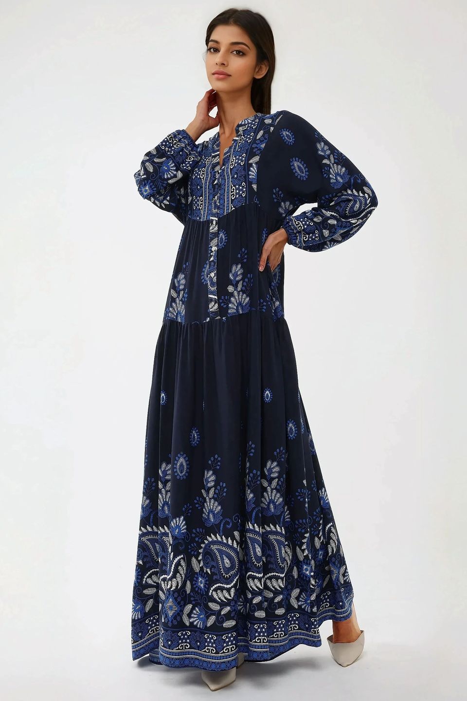 Printed Long Sleeve Viscose Maxi Dress 