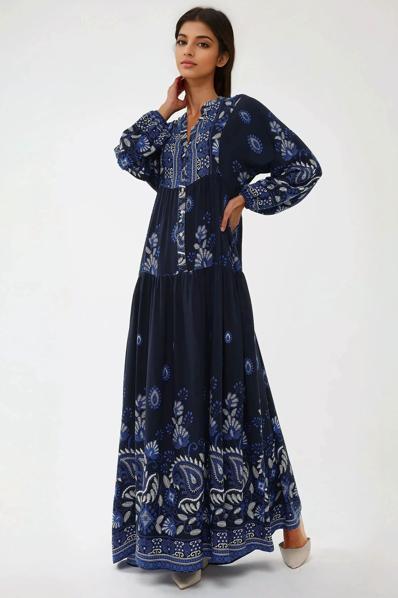 Printed Long Sleeve Viscose Maxi Dress 