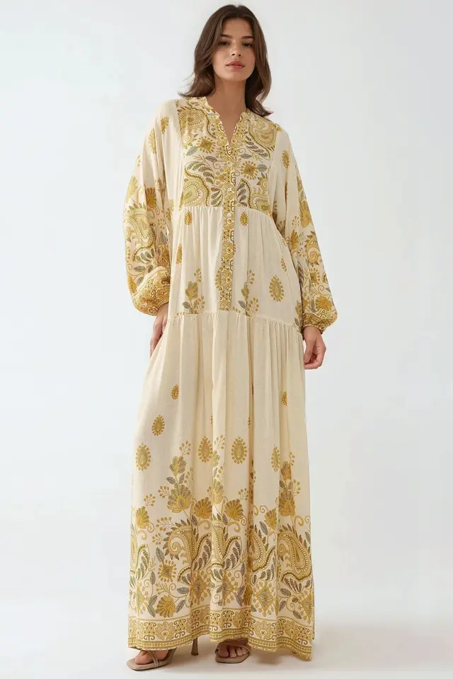 Printed V-neck Maxi Dress with Button Detail
