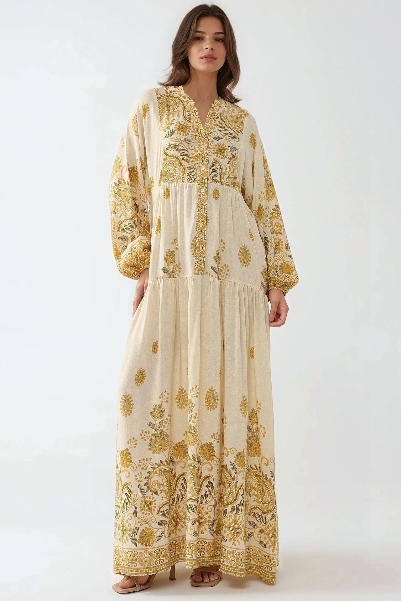 Printed V-neck Maxi Dress with Button Detail