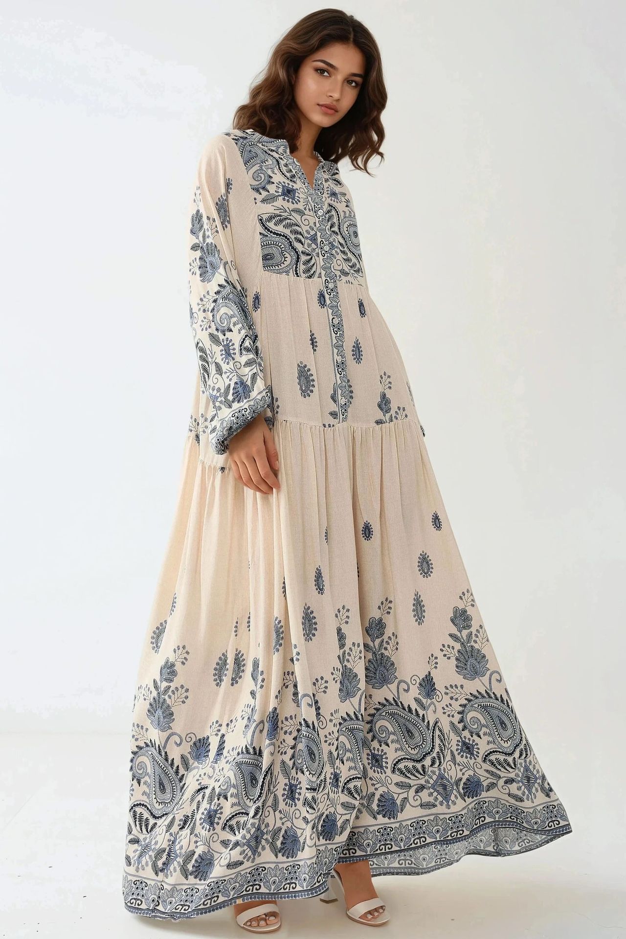 Printed V-neck Maxi Dress with Button Detail