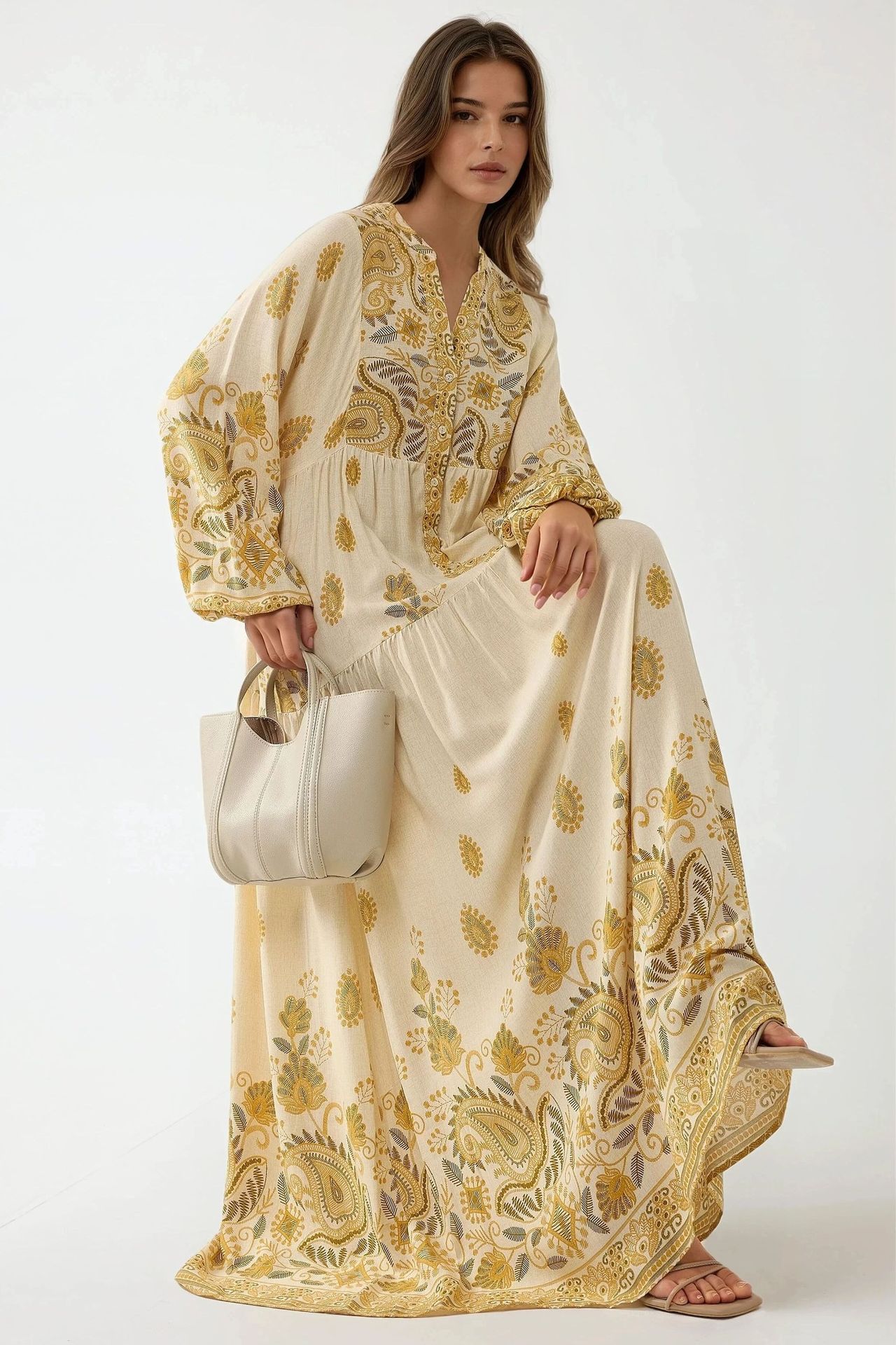 Printed V-neck Maxi Dress with Button Detail