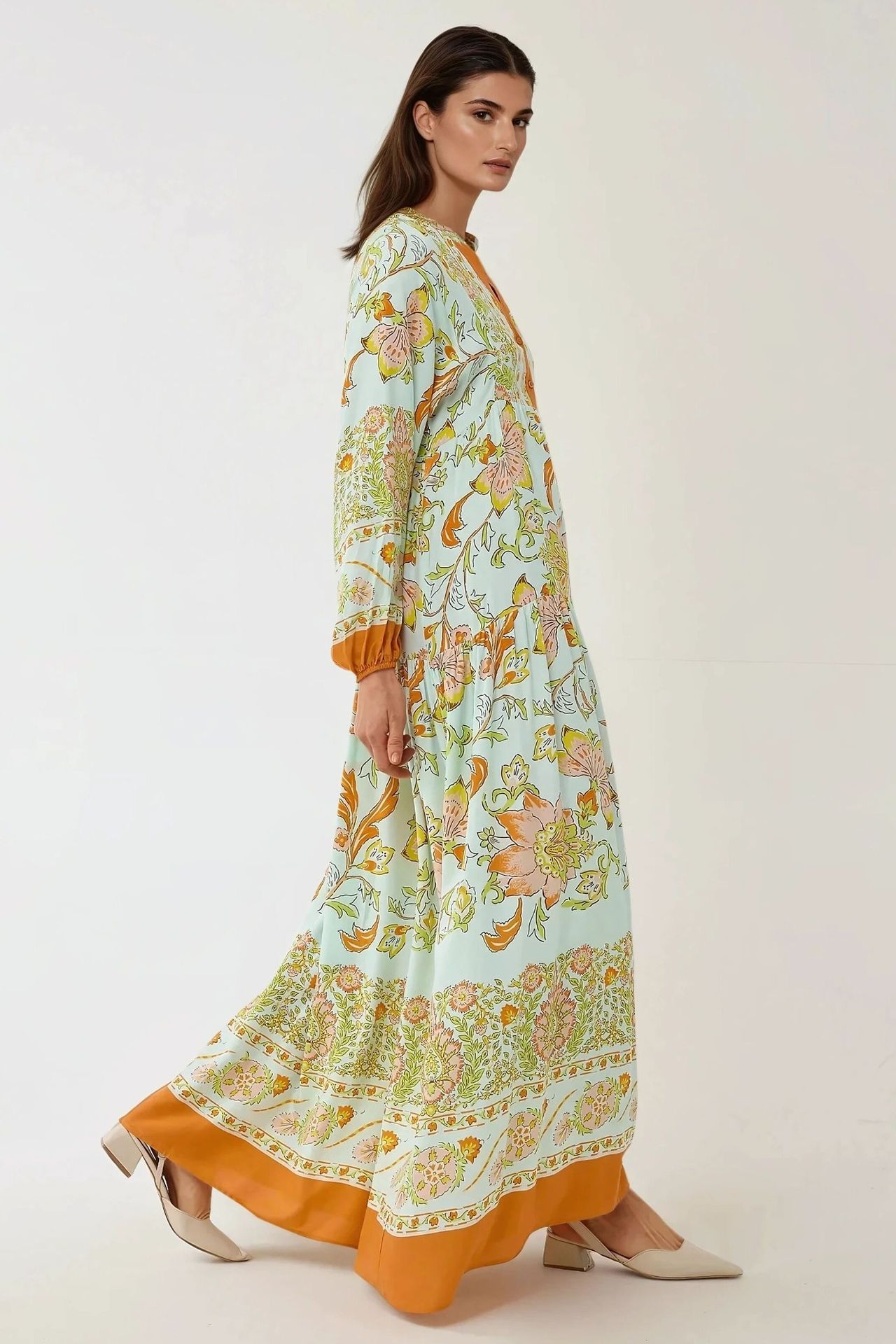 Printed Long Sleeve Viscose Maxi Dress 