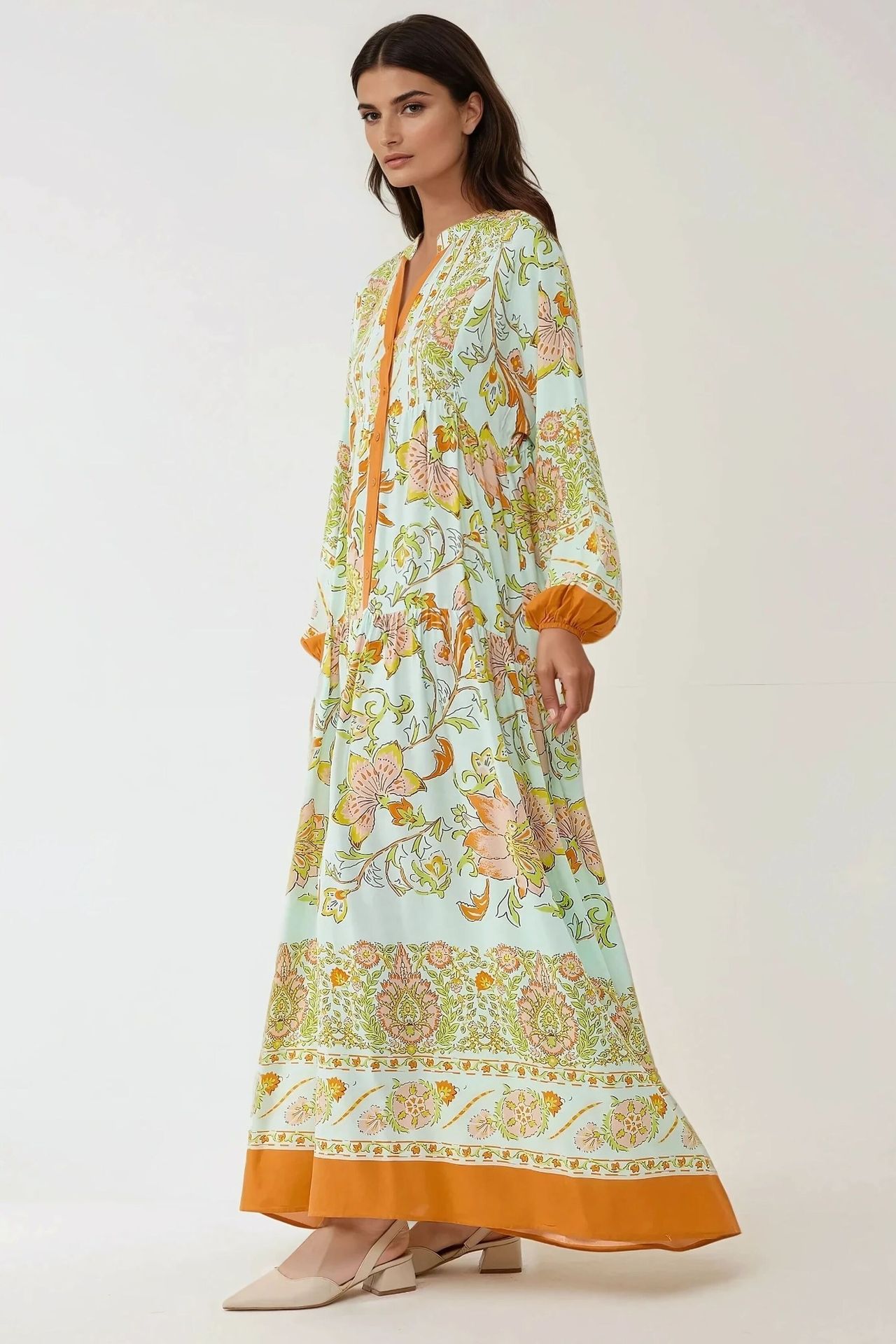Printed Long Sleeve Viscose Maxi Dress 