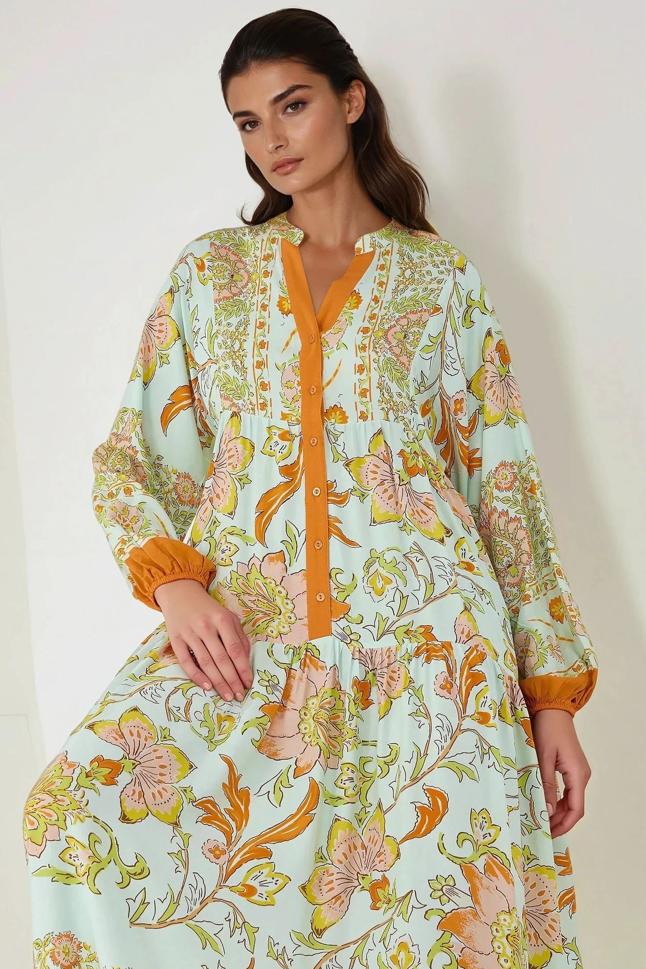 Printed Long Sleeve Viscose Maxi Dress 