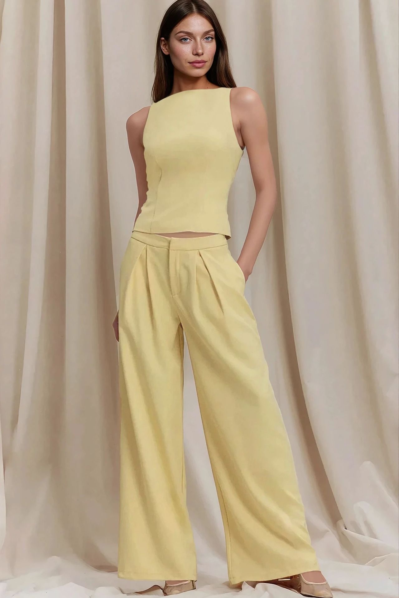 Pleated Wide Leg Long Pants