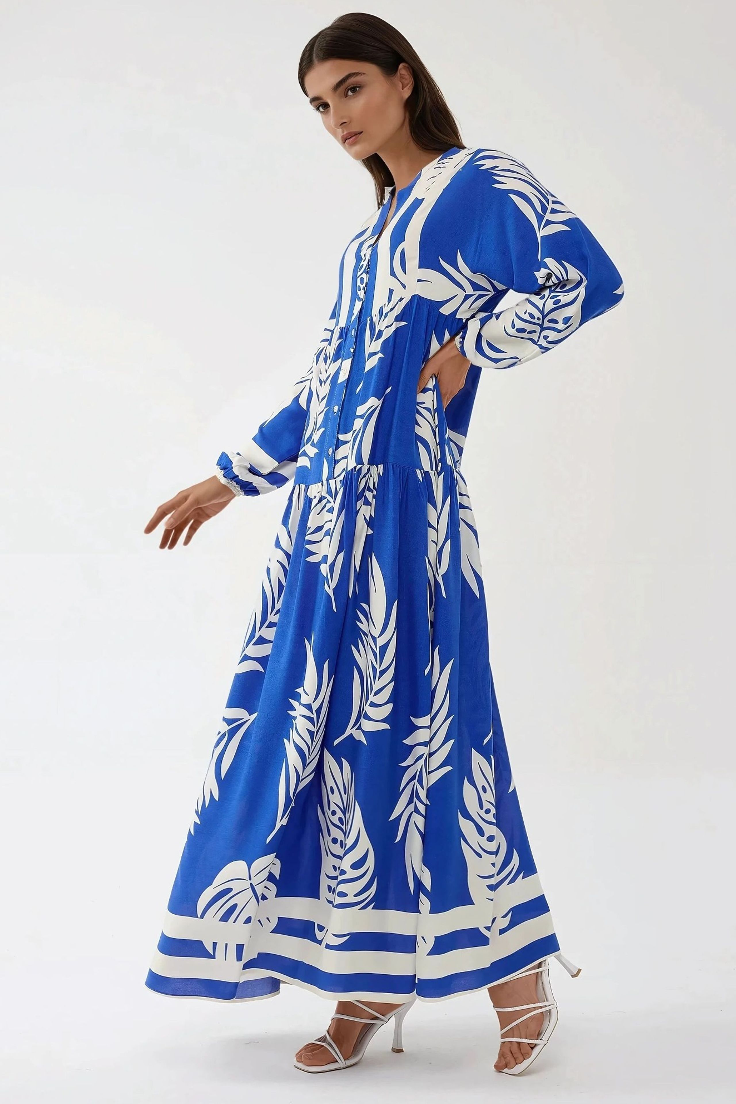 【INK】CaRouseLamBRa LONG-SLEEVE DRESS PACK HiCCUP - Moroccan Blue Printed Long Sleeve Viscose Maxi Dress Women