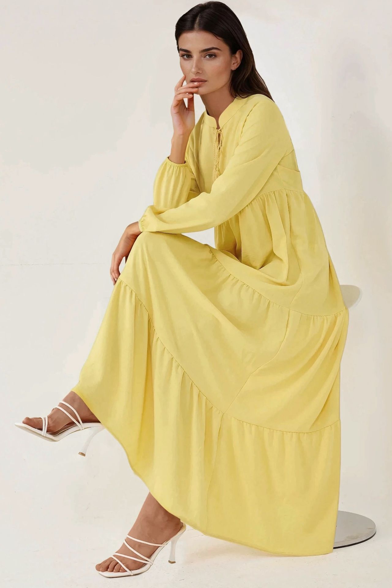 Textured Long Sleeve Crew Neck Maxi Dress