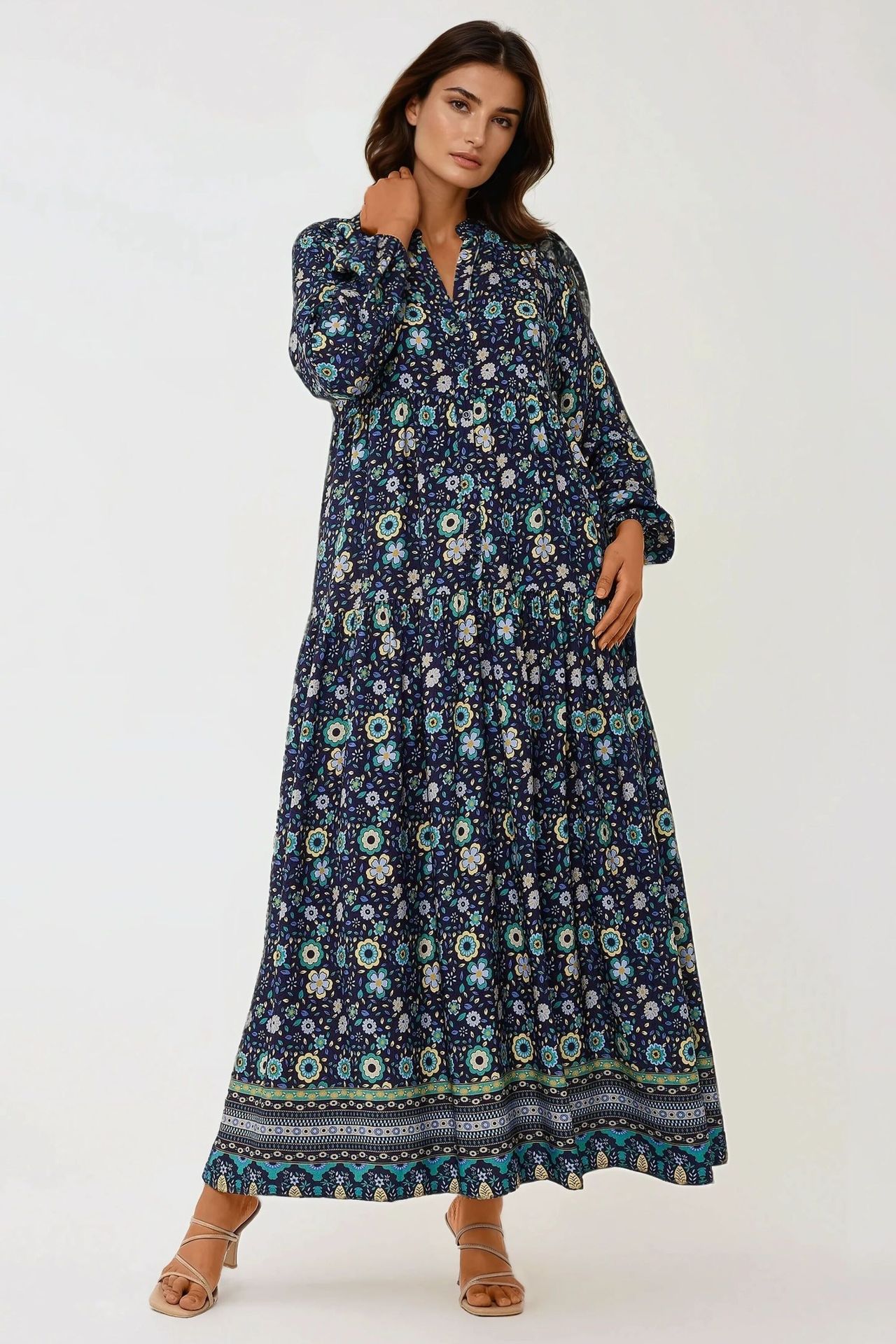 Printed V-Neck Maxi Dress with Buttons