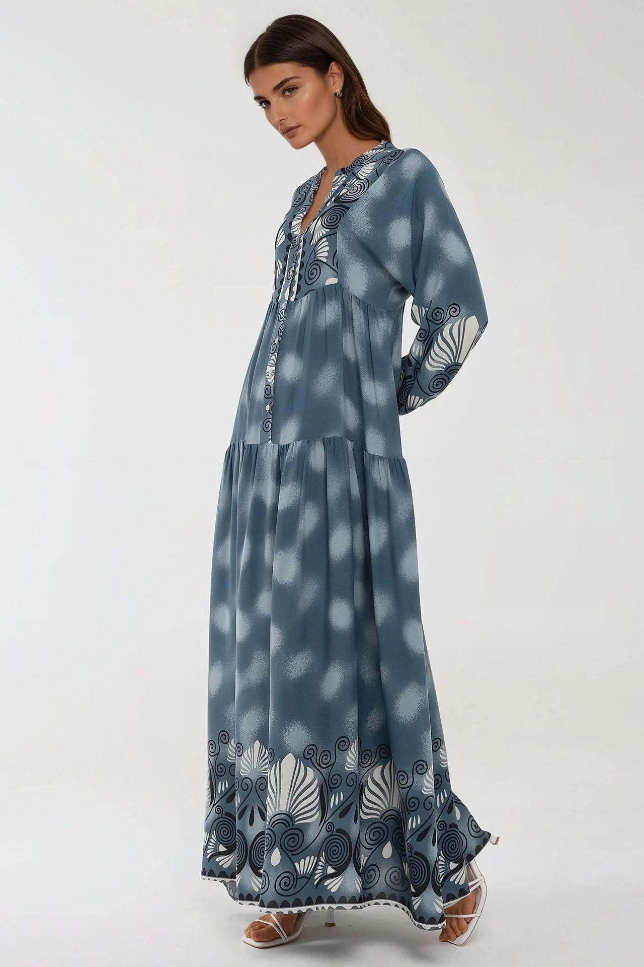 Printed Long Sleeve Viscose Maxi Dress 