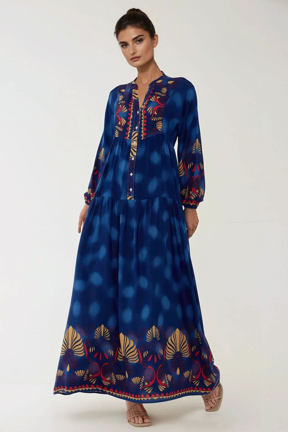 Printed Long Sleeve Viscose Maxi Dress 