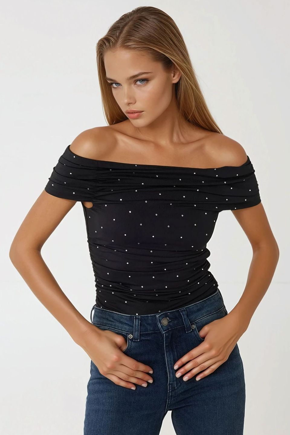 Elegant Rhinestone Embroidered Boat Neck Top