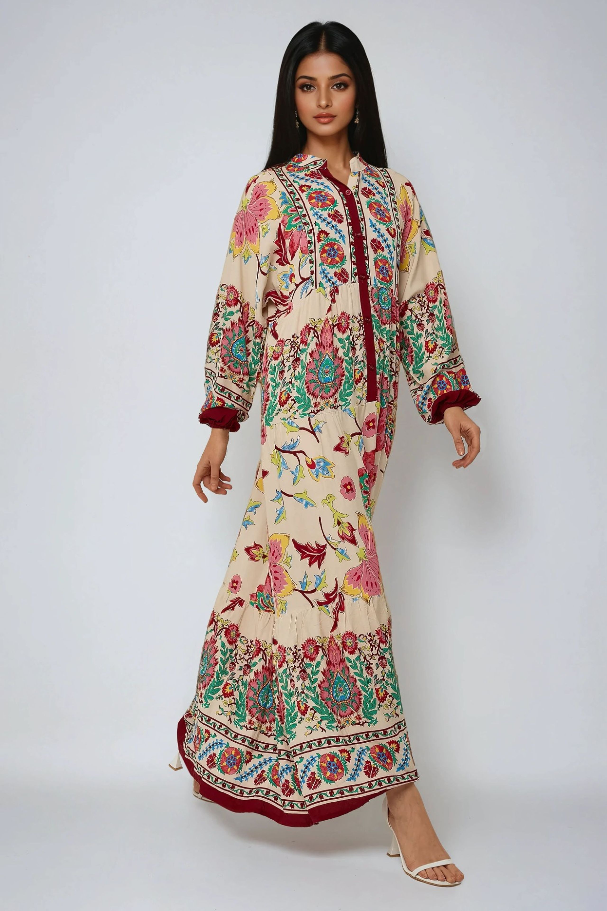HiCCUP - Red Patterned Maxi Dress With Shirt Collar Women