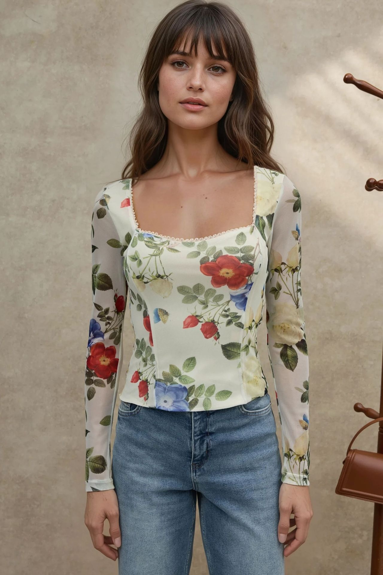 Heart Collar Printed Long Sleeve Top 2