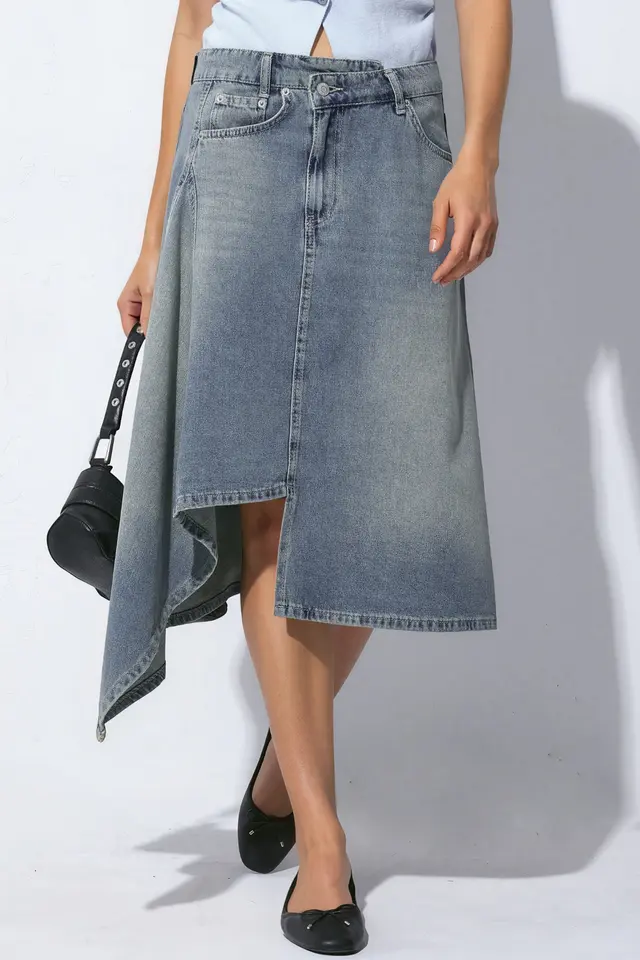 Asymmetric Wash Effect Denim Midi Skirt