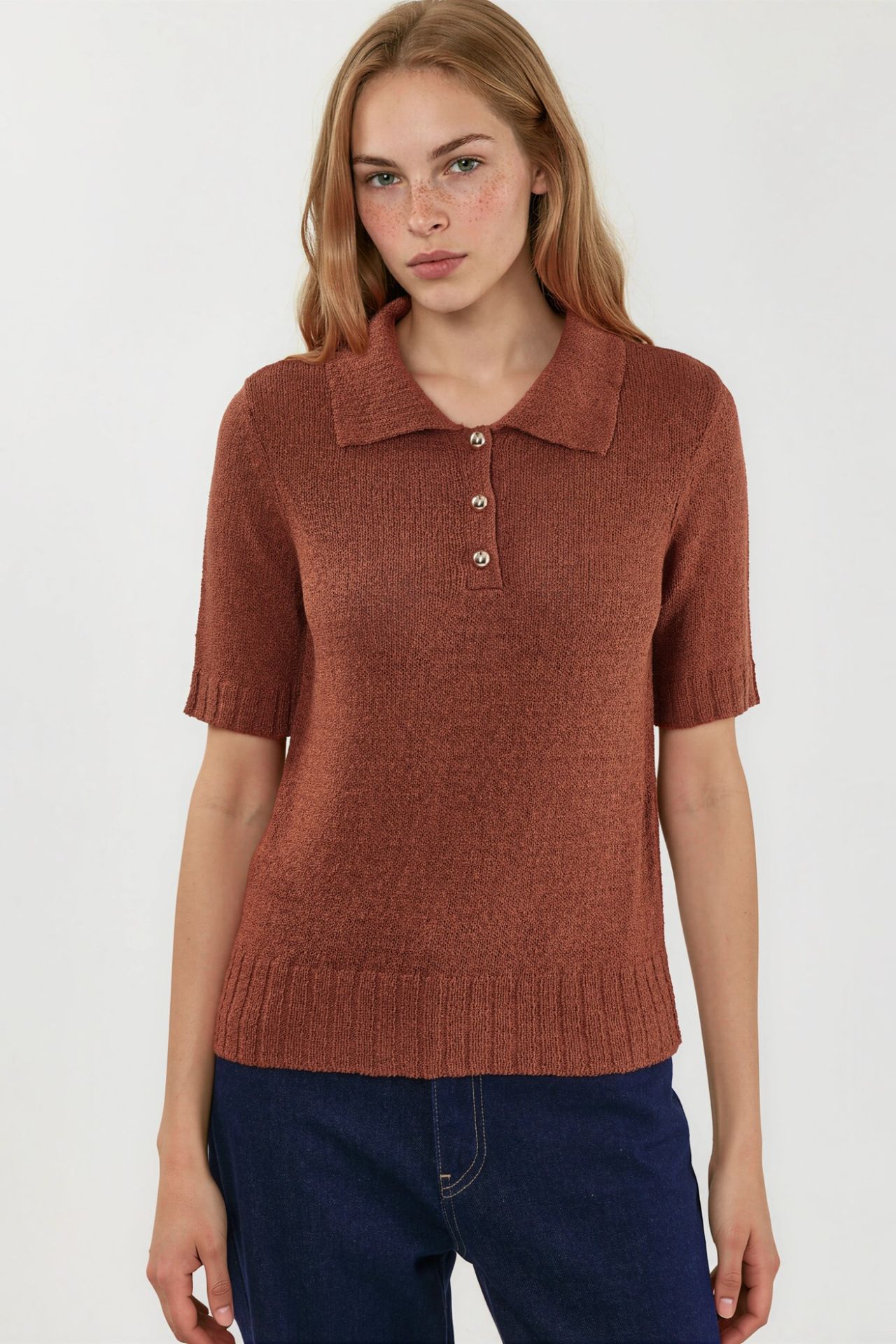 Textured Knit Polo Collar Top 5