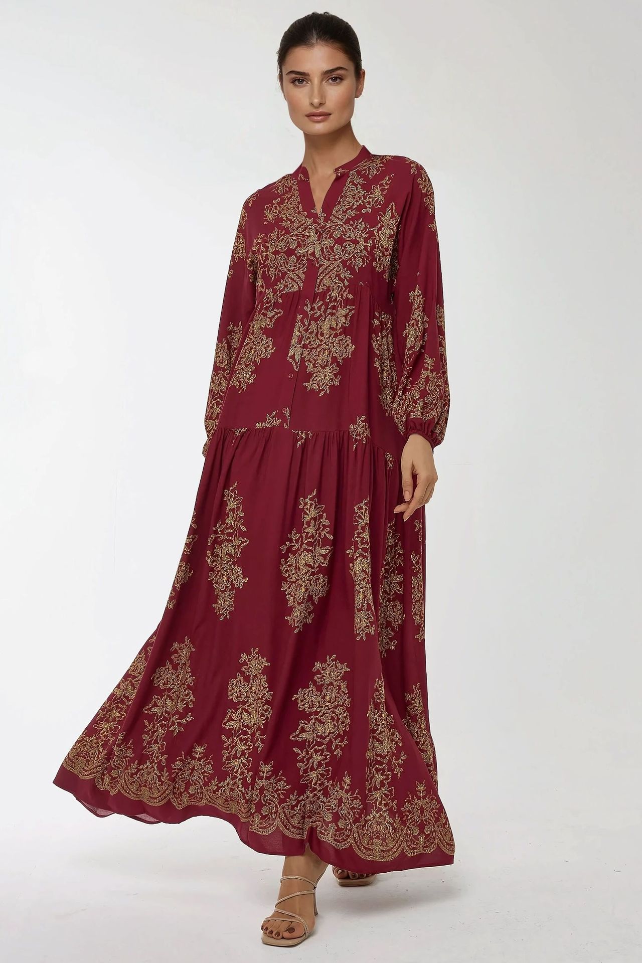 Printed Long Sleeve Viscose Maxi Dress 