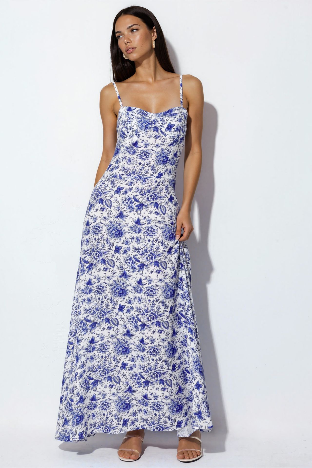 Floral Viscose Maxi Dress With Heart Neckline
