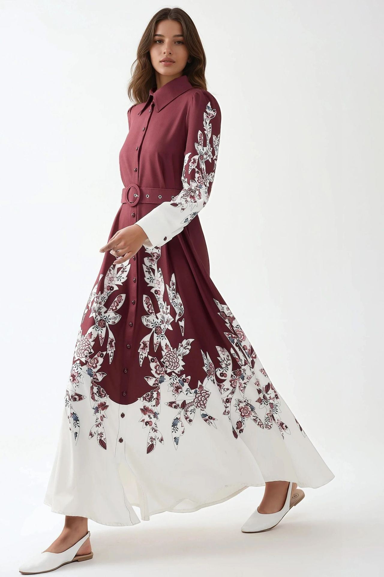 Printed Long Sleeve Maxi Dress with Belt
