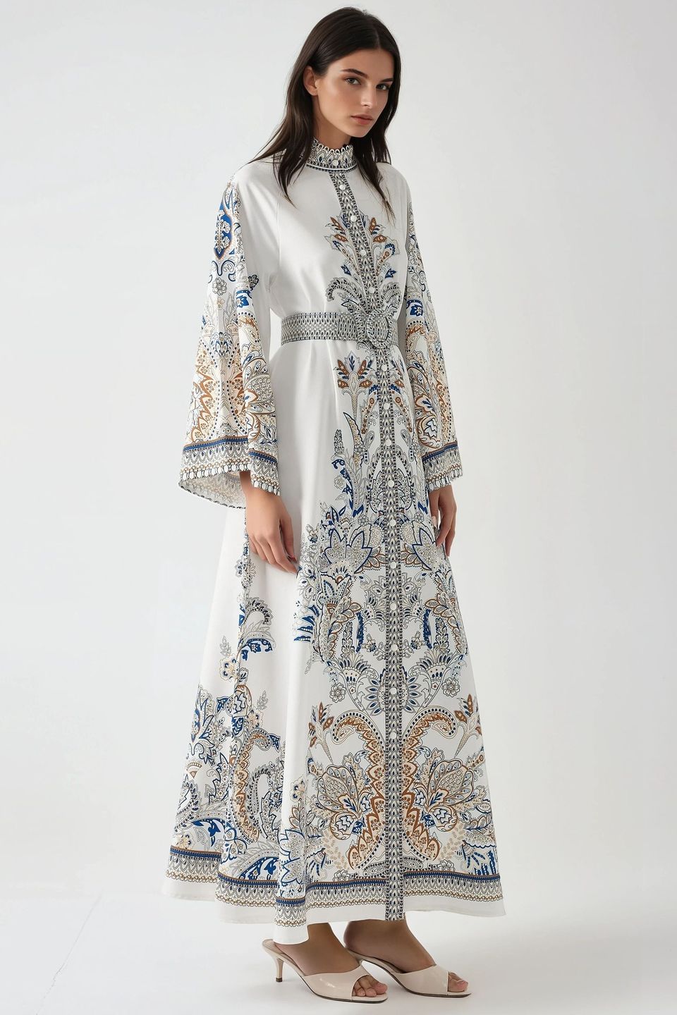 Printed Crew Neck Maxi Dress with Belt
