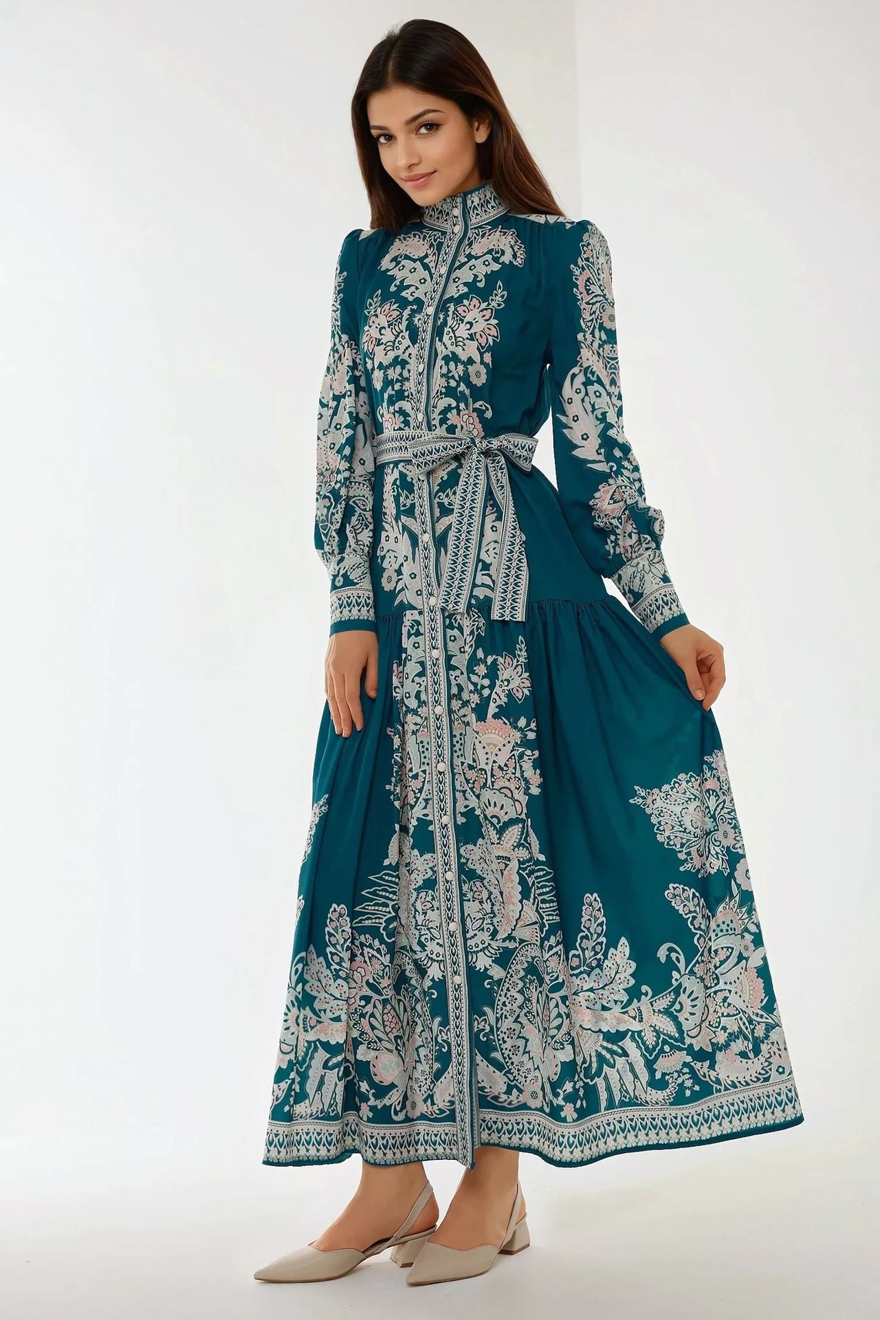 Printed Long Sleeve Maxi Dress with Belt