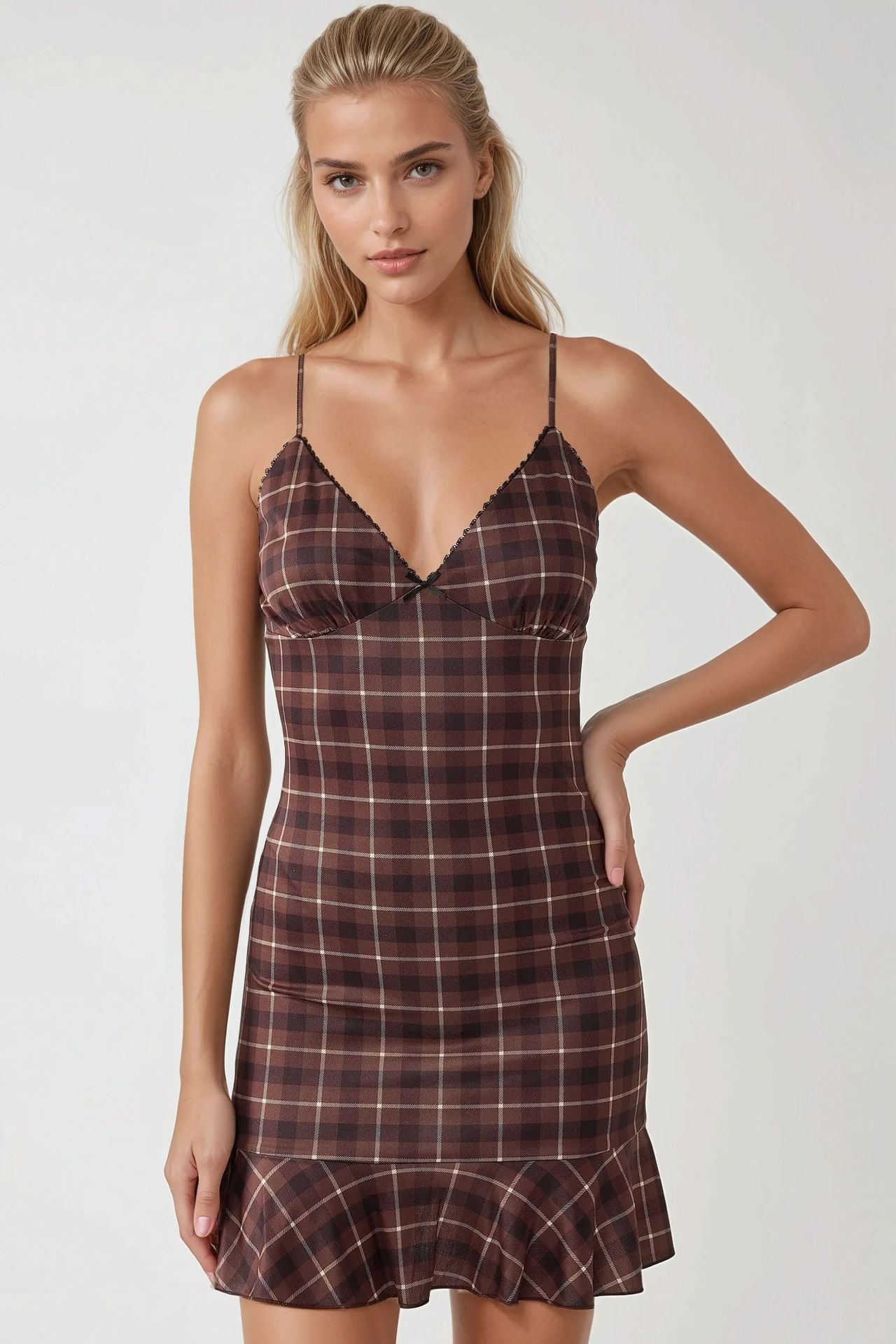 Plaid Mini Dress with V-Neck