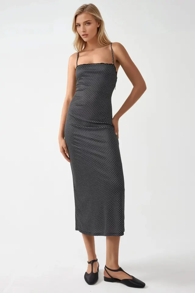 Square Collar Printed Maxi Dress with Lace Detail