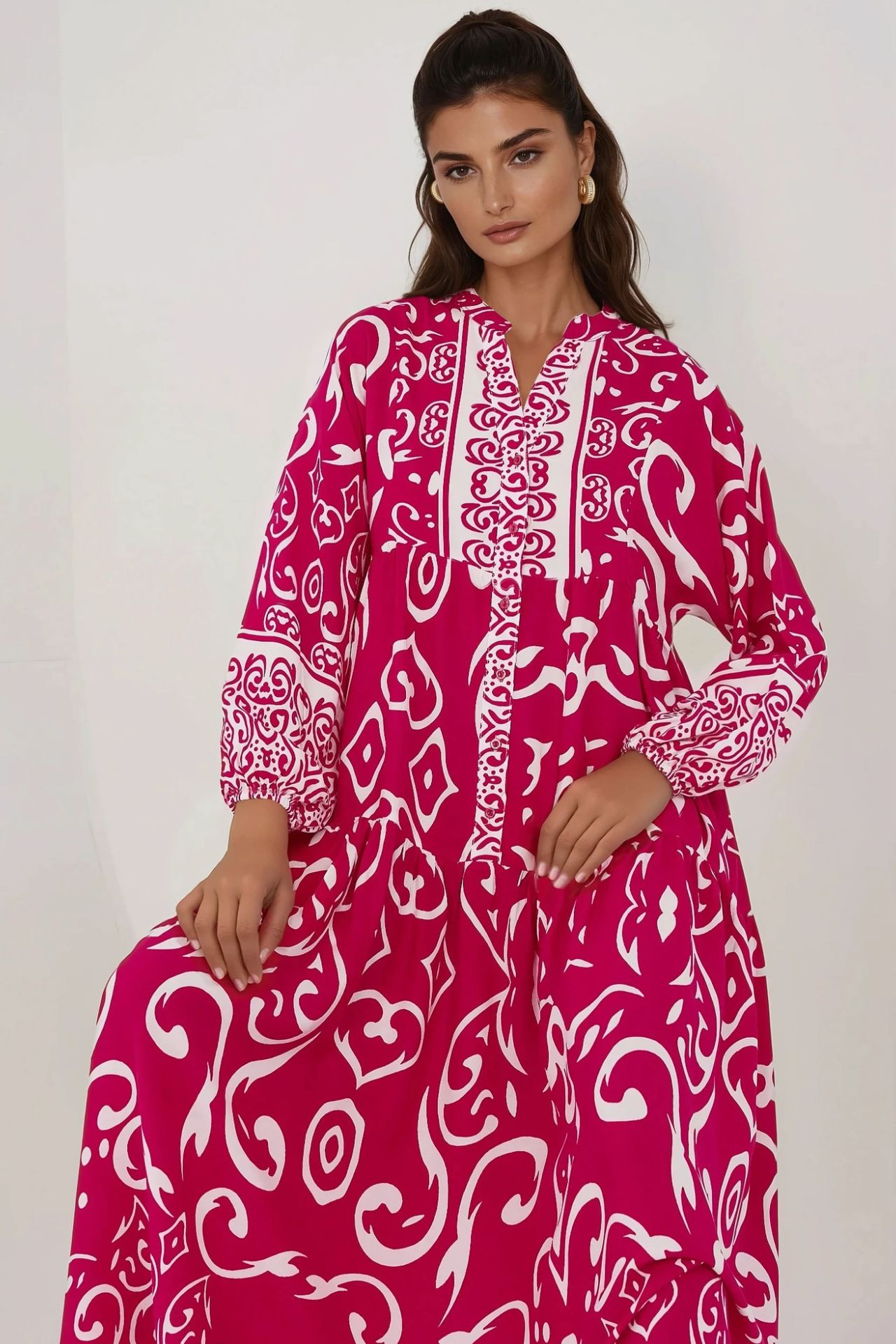 Printed Long Sleeve Viscose Maxi Dress 