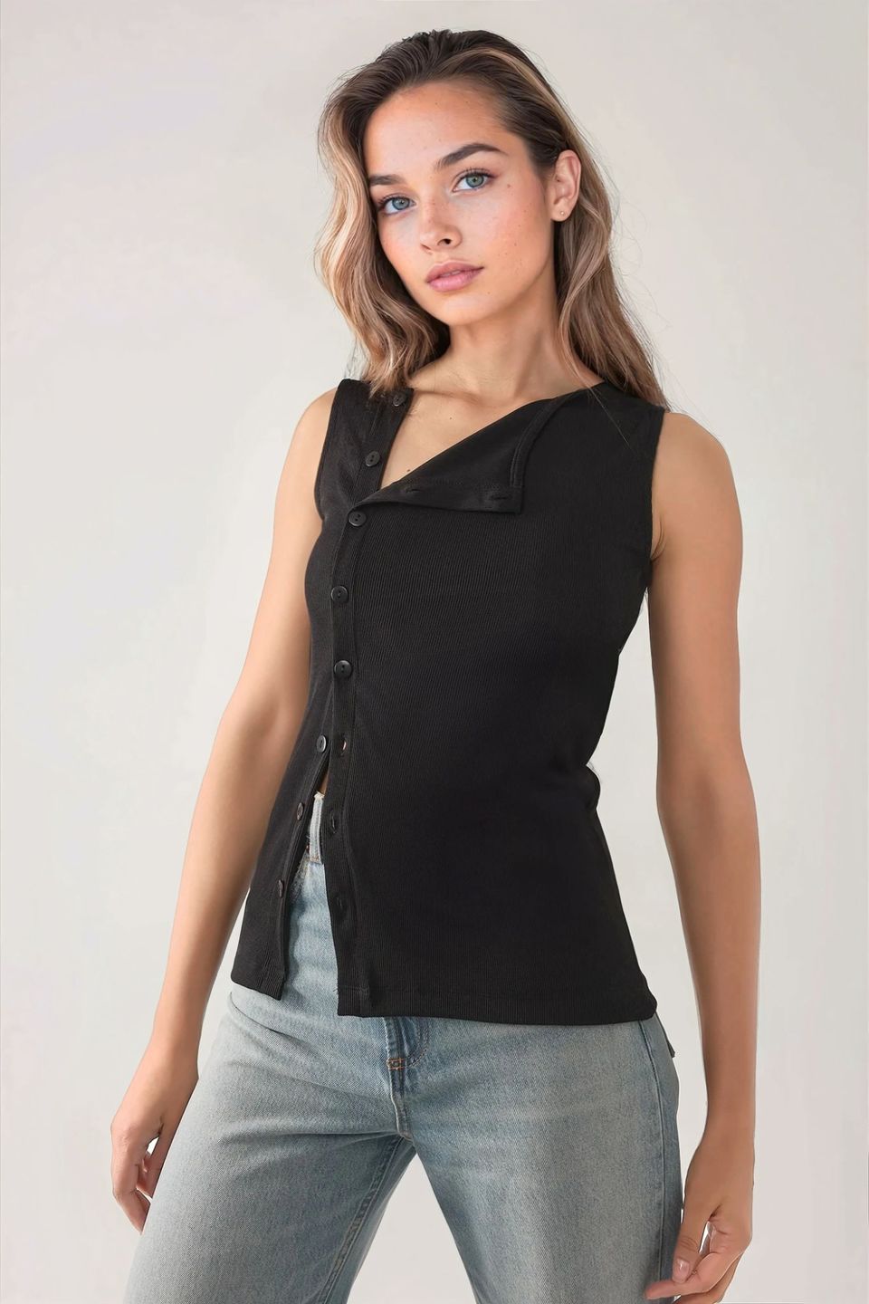 Textured Slim Fit Crew Neck Top with Button Detail