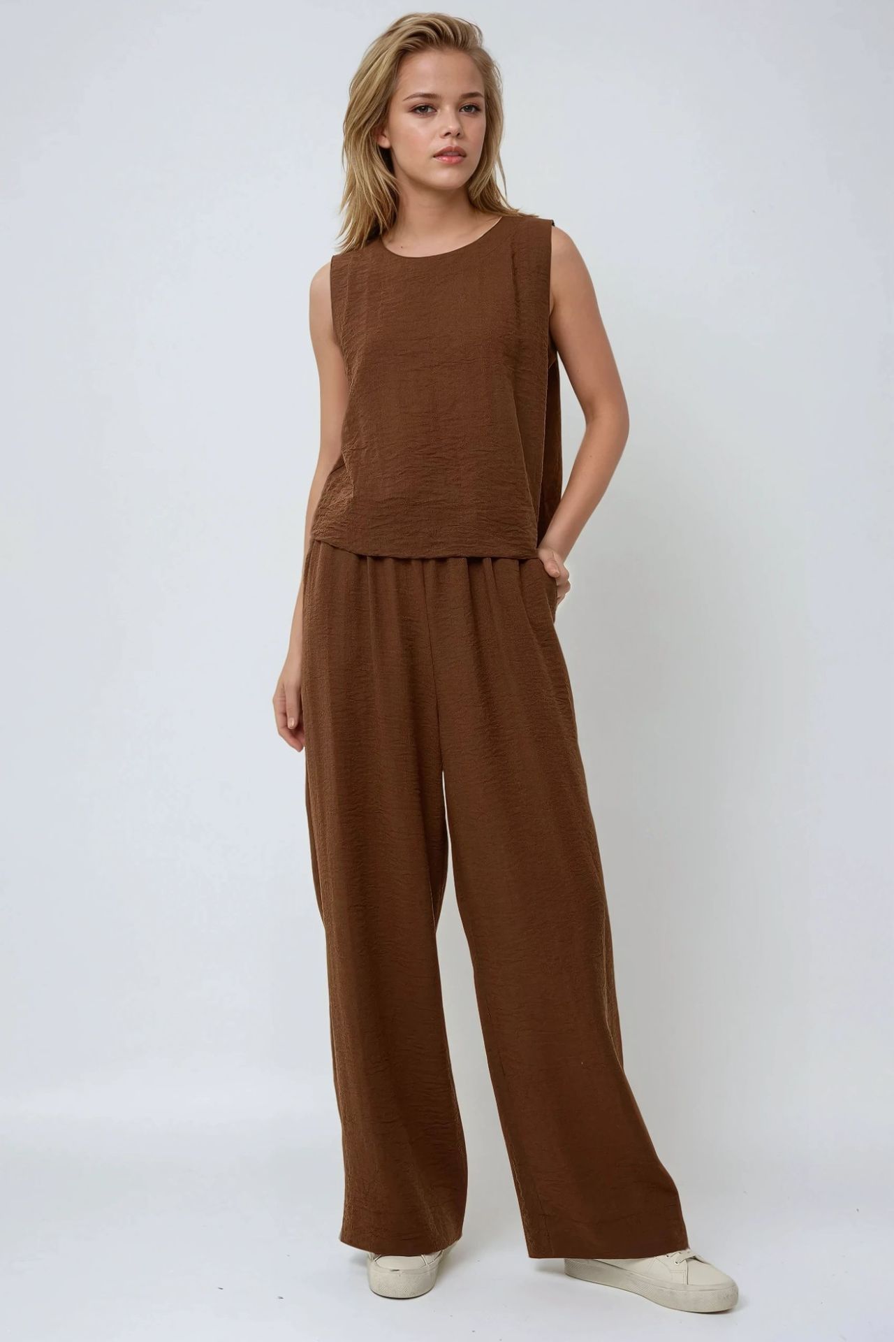 Linen Feel Blouse & Elastic Waist Pants Two-Piece Coord Set