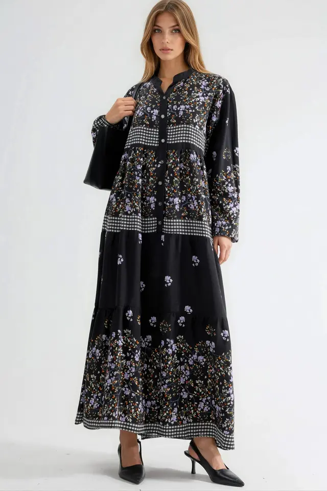 Patterned V-Neck Maxi Dress with Button Closure
