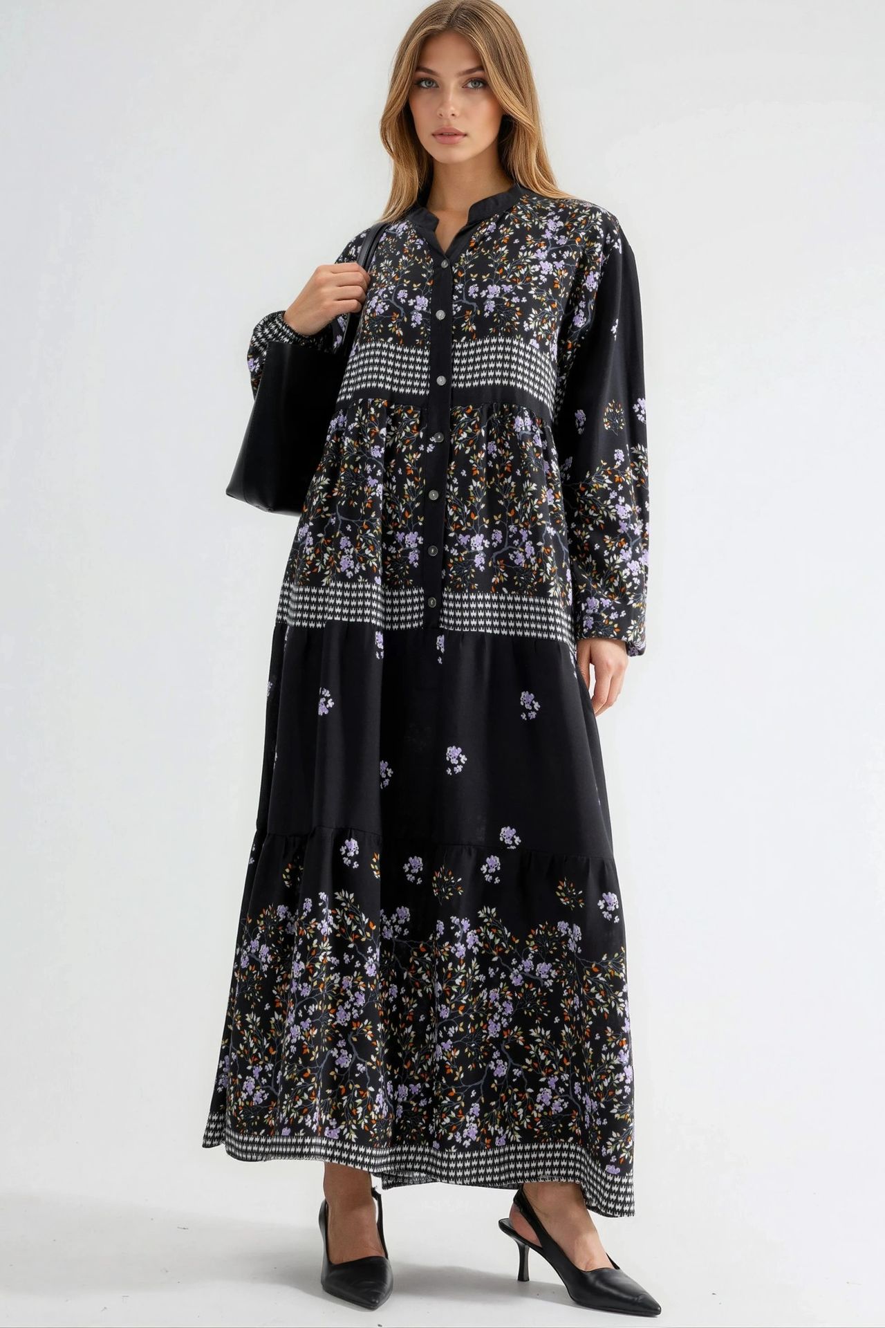 Patterned V-Neck Maxi Dress with Button Closure 1