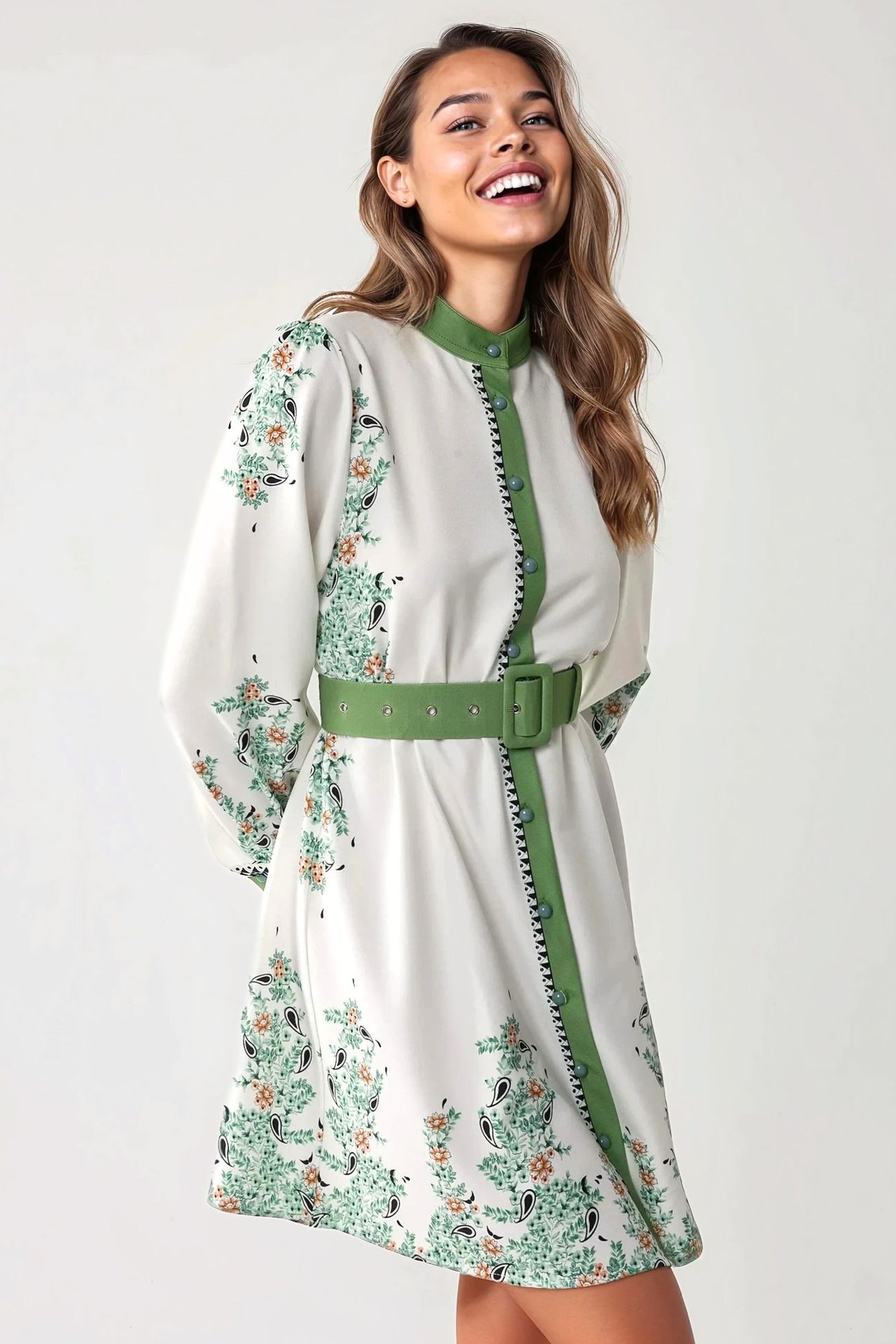 Printed Crew Neck Mini Dress with Belt