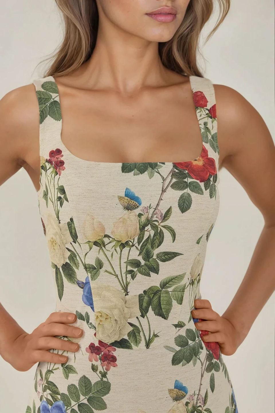 Square Neck Flower Pattern Linen Feel Mini Dress
