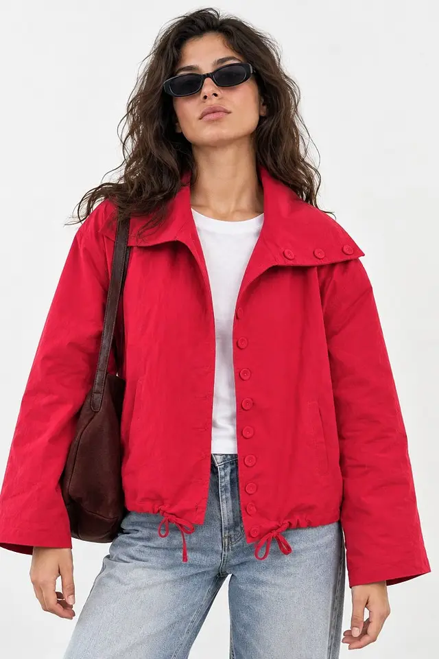 Oversized Button-Up Trench Coat with Stand Collar