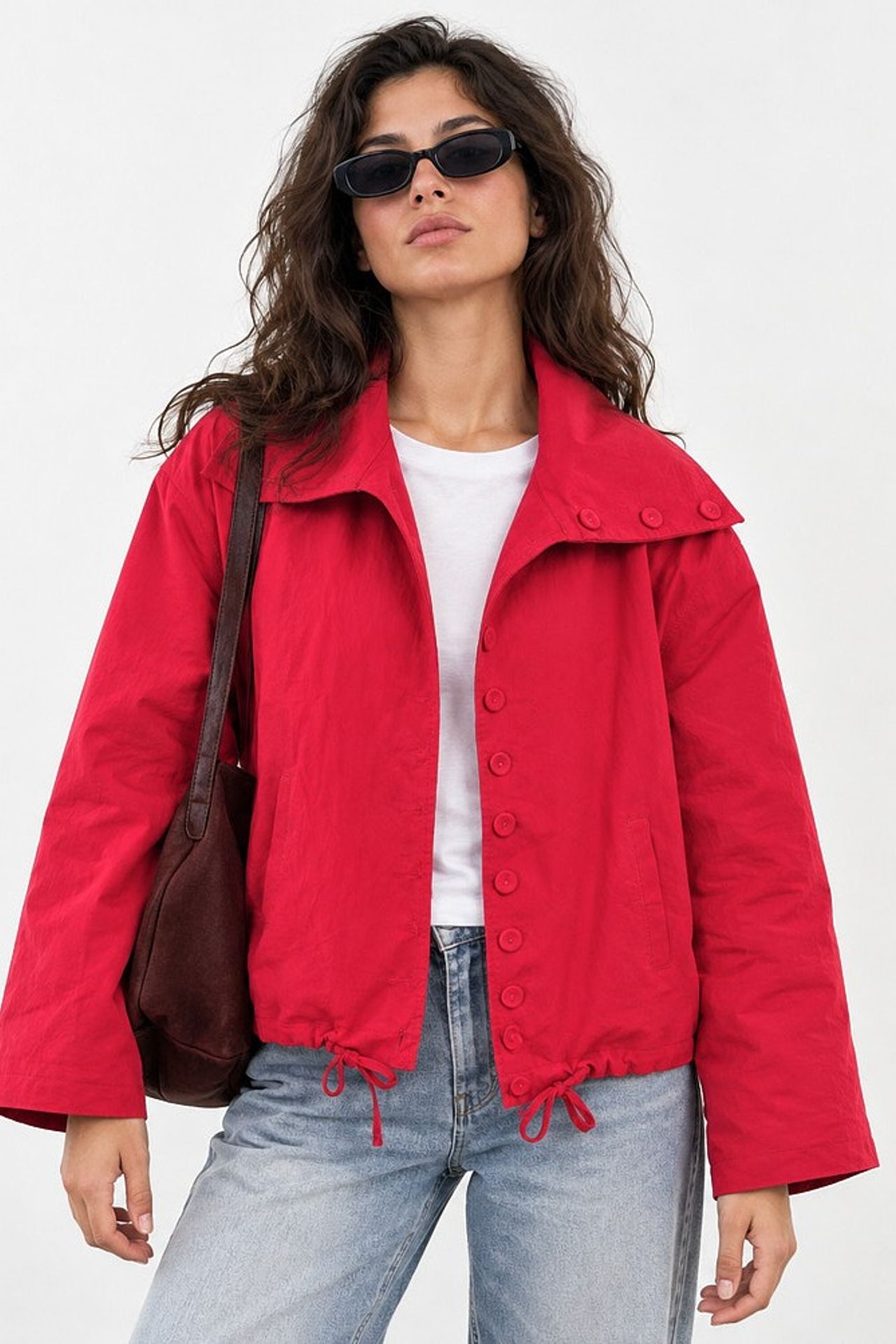 Oversized Button-Up Trench Coat with Stand Collar 1