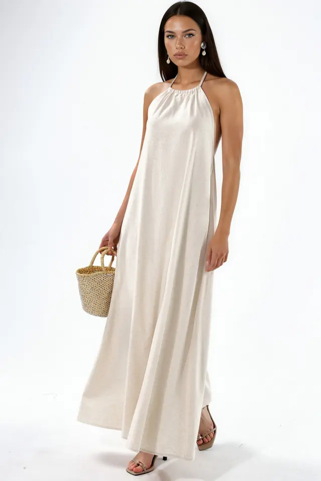 Linen Blend Halter Neck Maxi Dress