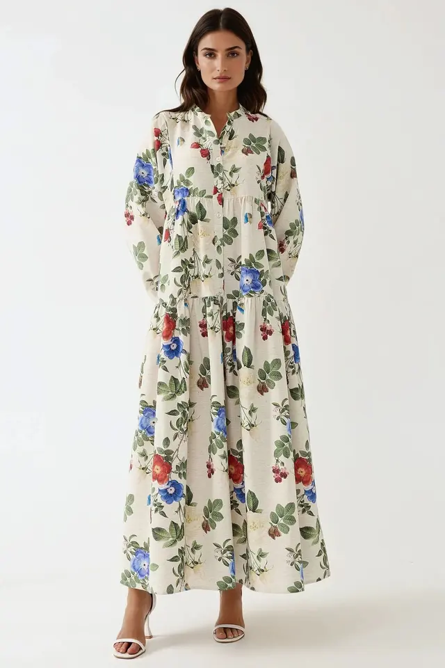 Floral Linen Feel Crew Neck Maxi Dress