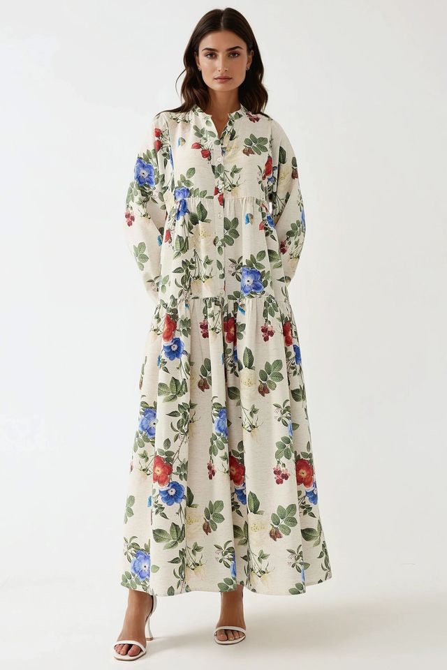 Floral Linen Feel Crew Neck Maxi Dress