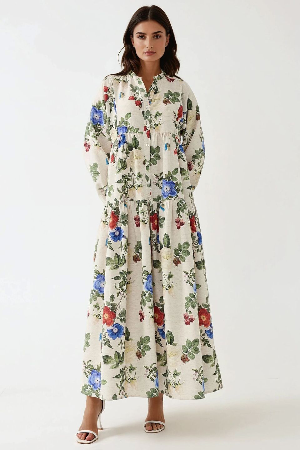 Floral Linen Feel Crew Neck Maxi Dress
