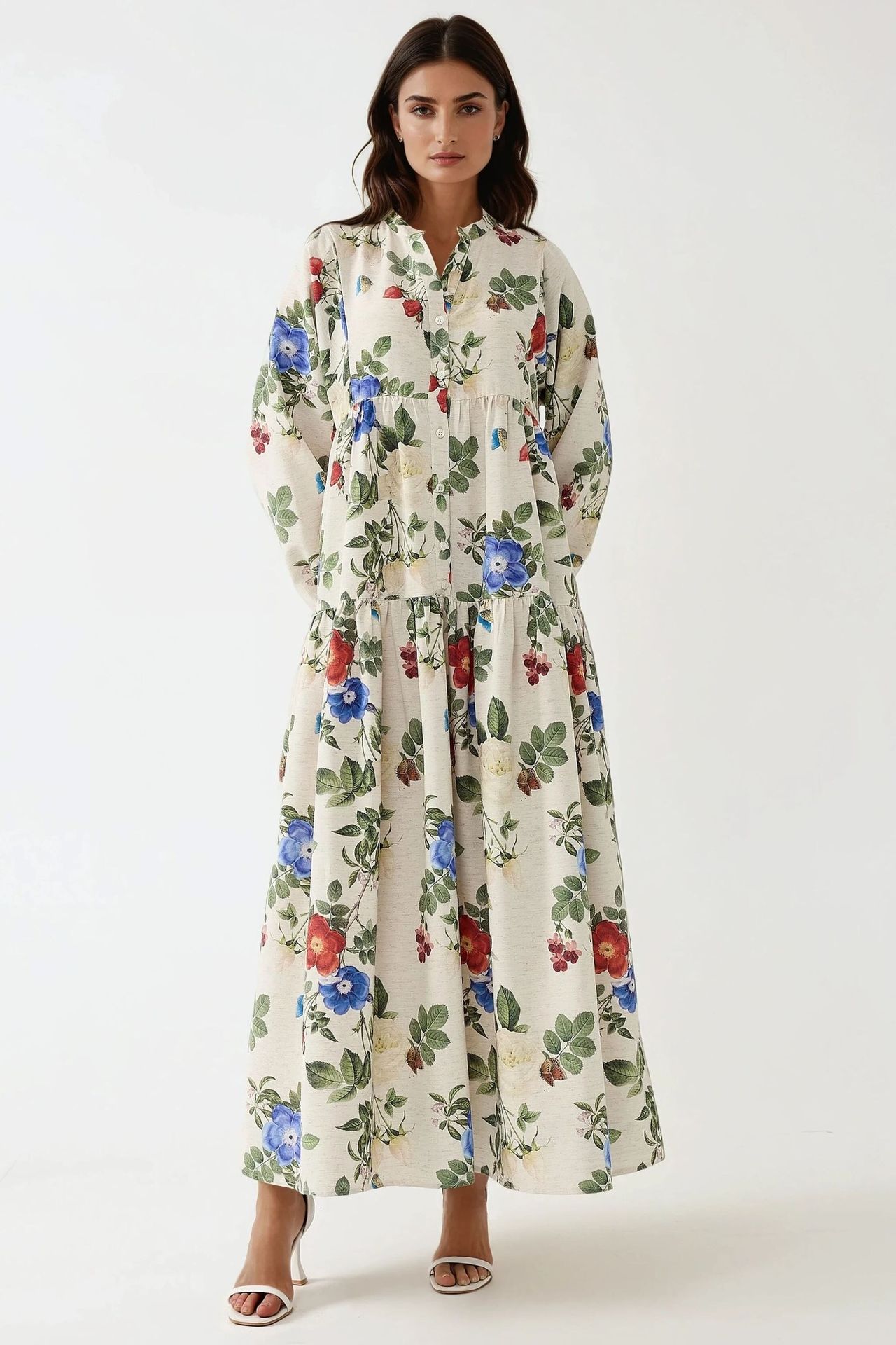 Floral Linen Feel Crew Neck Maxi Dress