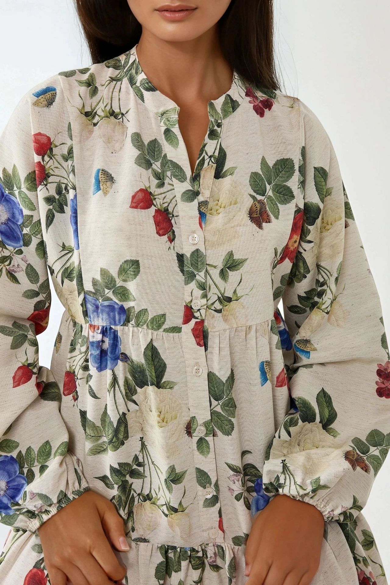 Floral Linen Feel Crew Neck Maxi Dress