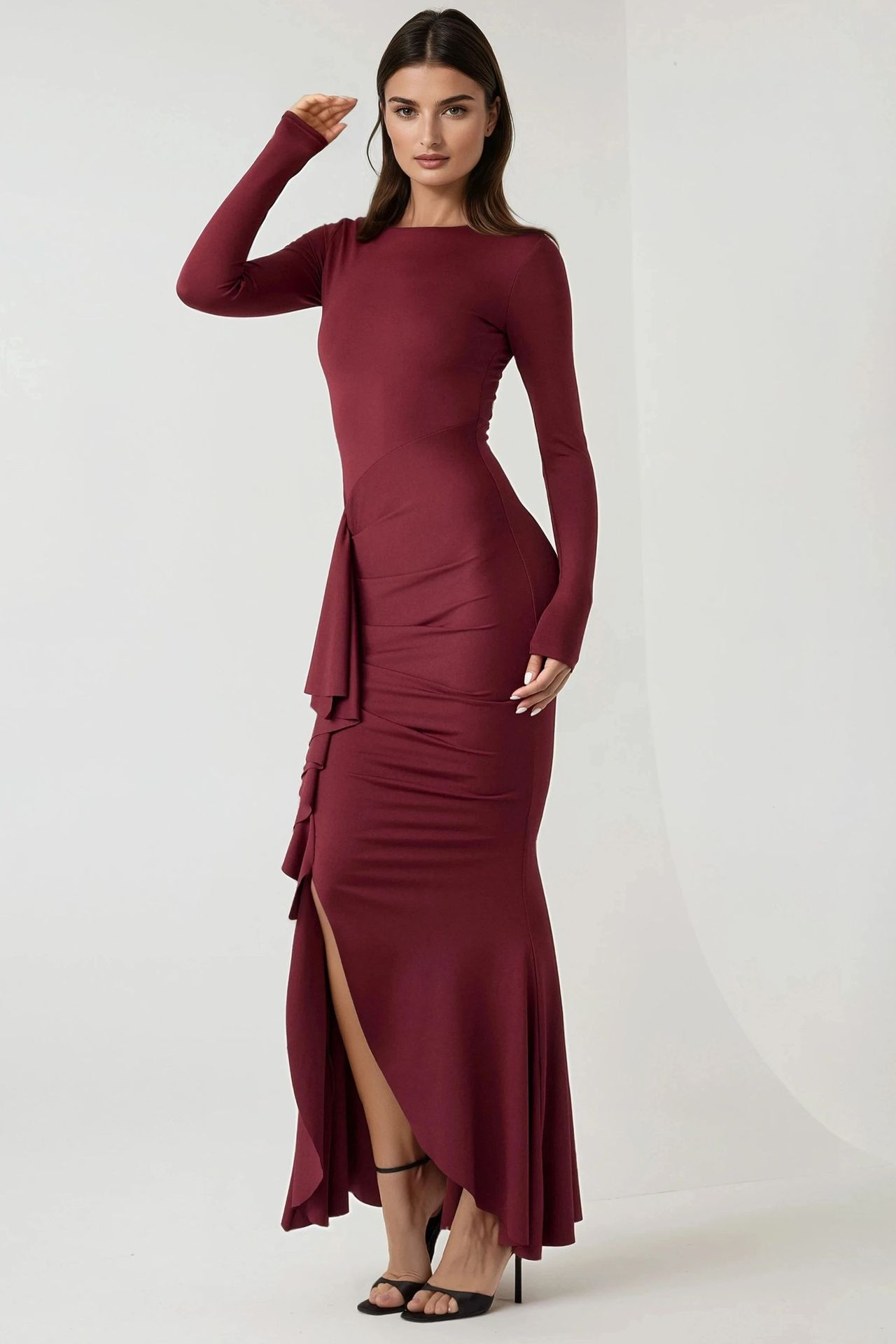 Crew Neck Bodycon Maxi Dress with Ruffle Detail