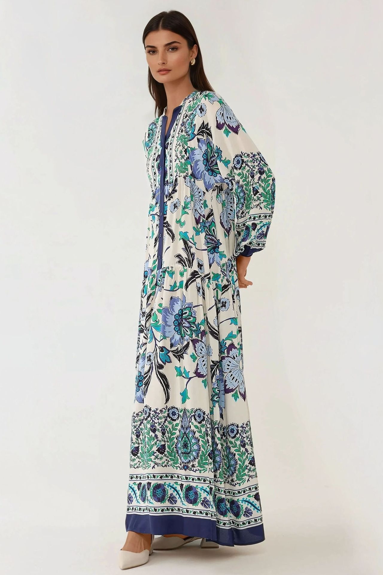 Printed Long Sleeve Viscose Maxi Dress 