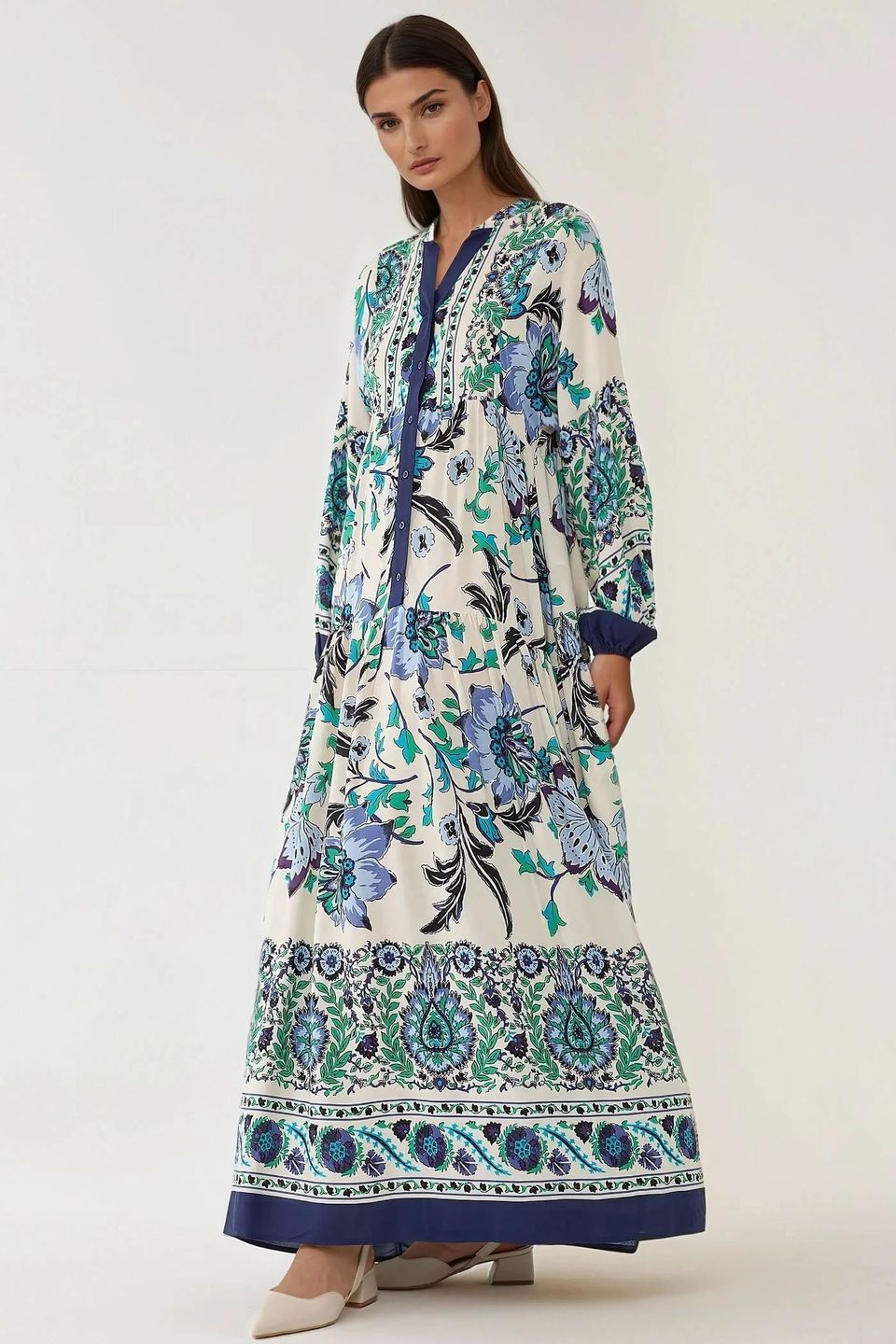 Printed Long Sleeve Viscose Maxi Dress 