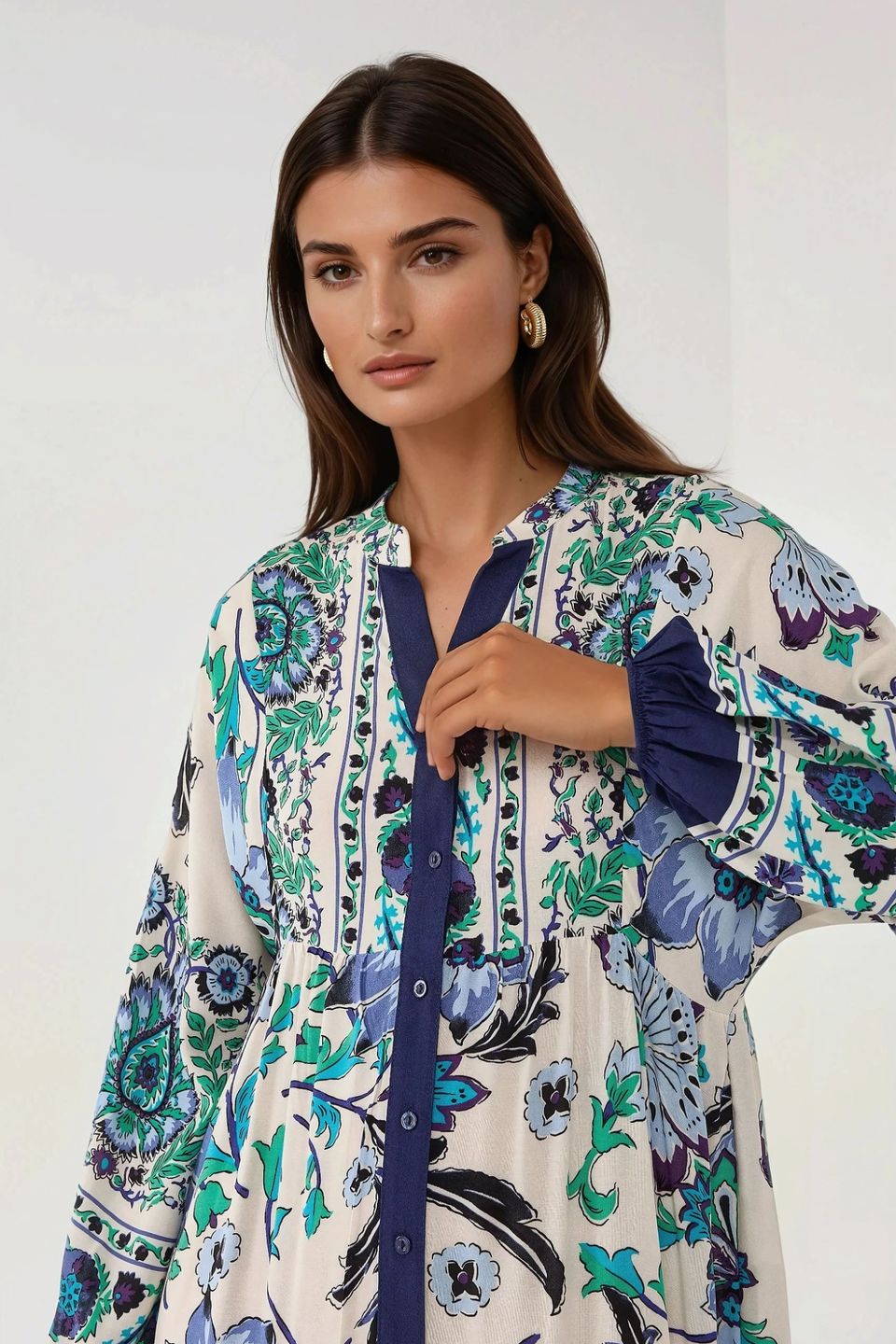 Printed Long Sleeve Viscose Maxi Dress 