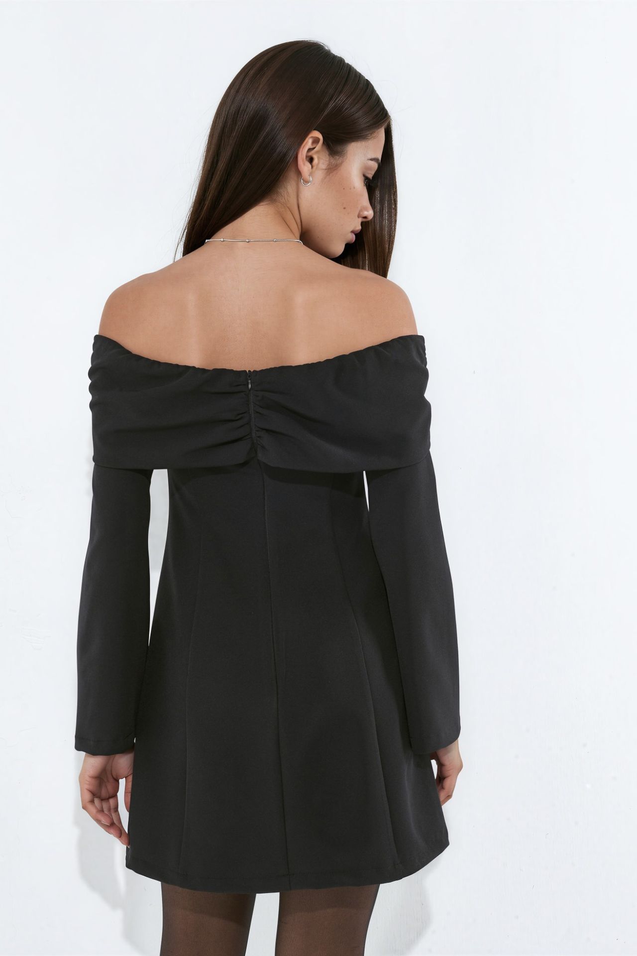 Off-Shoulder Flare Mini Dress with Pearl Button Detail 3